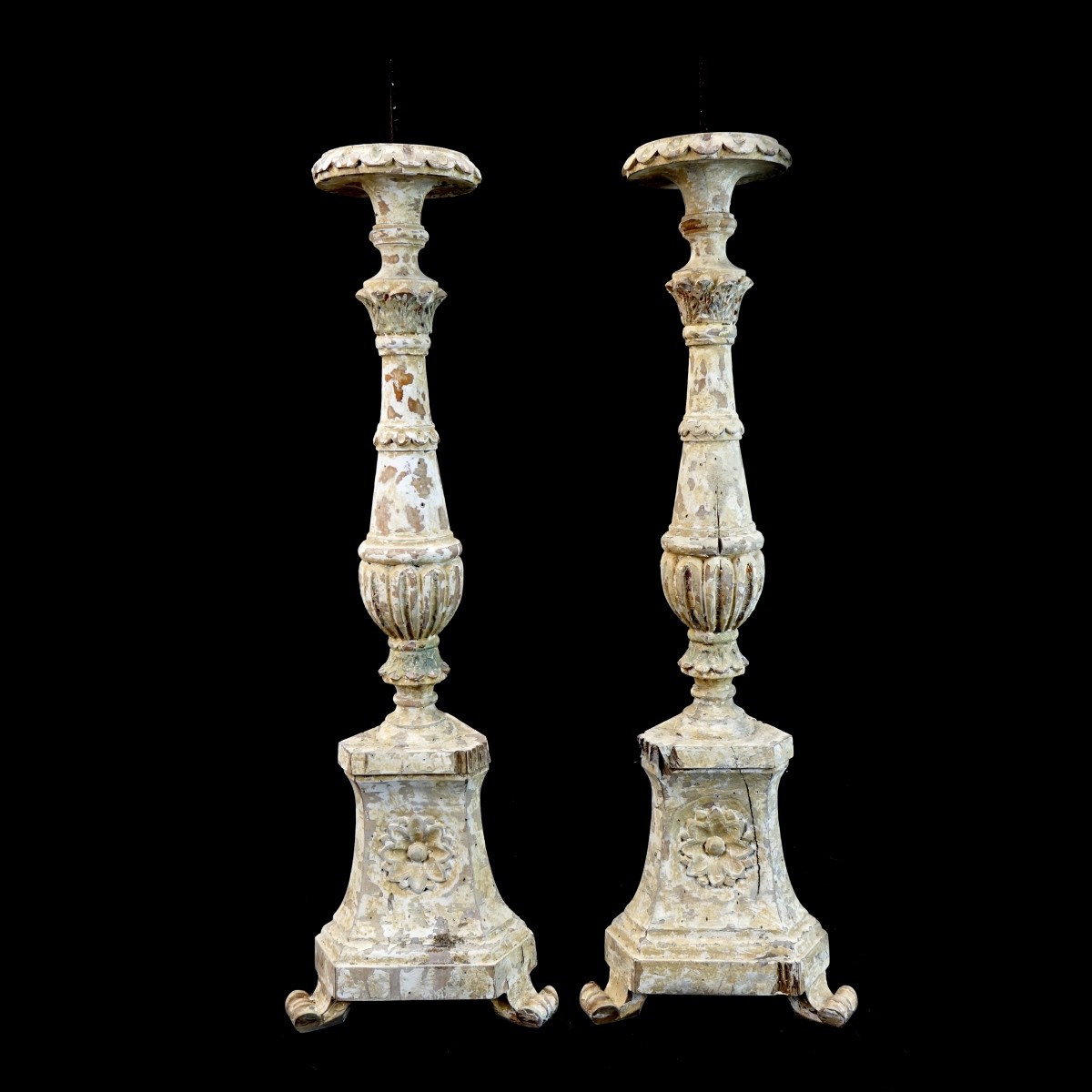 Pr Carved Wooden Pricket Candlesticks