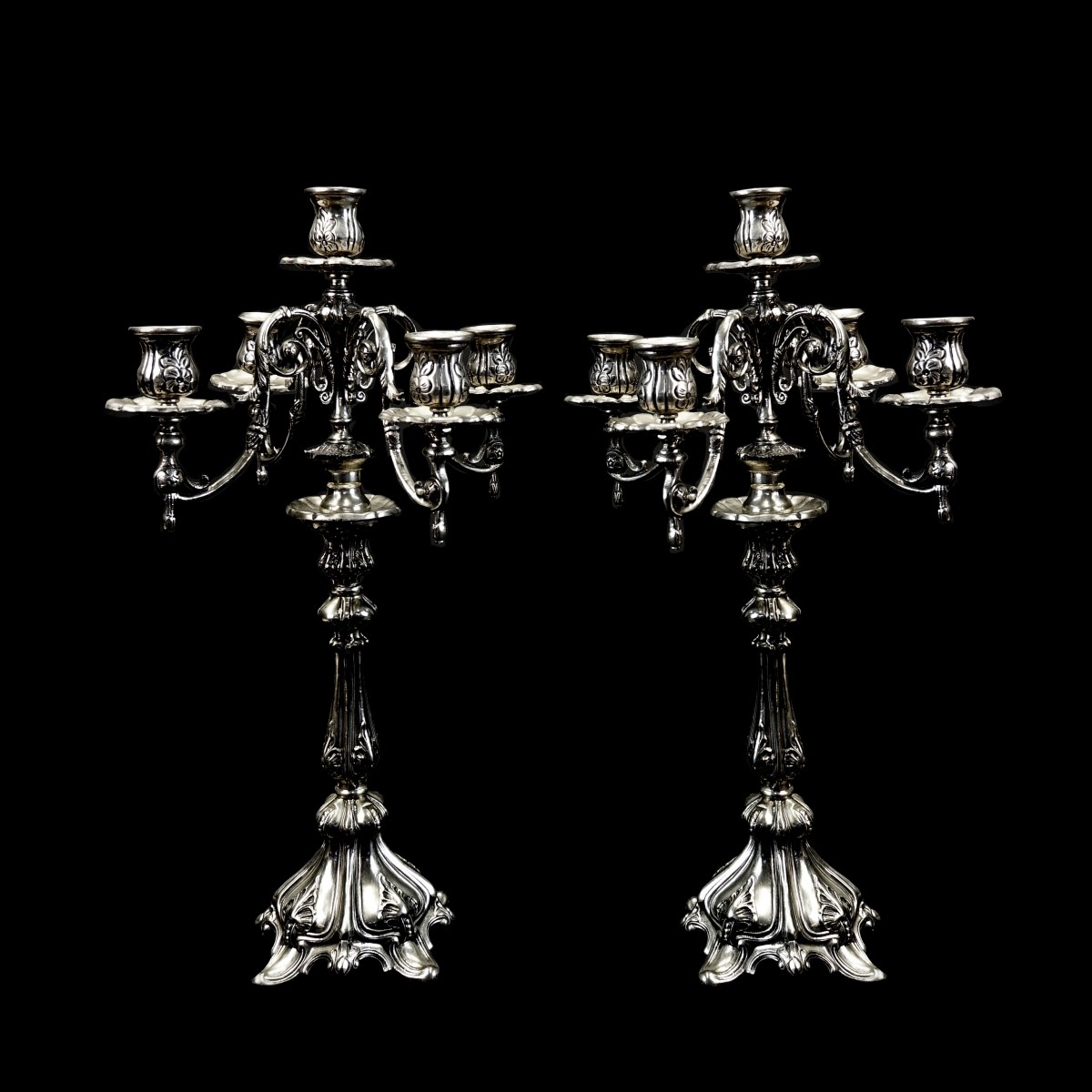 Pr Antique Silvered 5 Lamp Candlabra