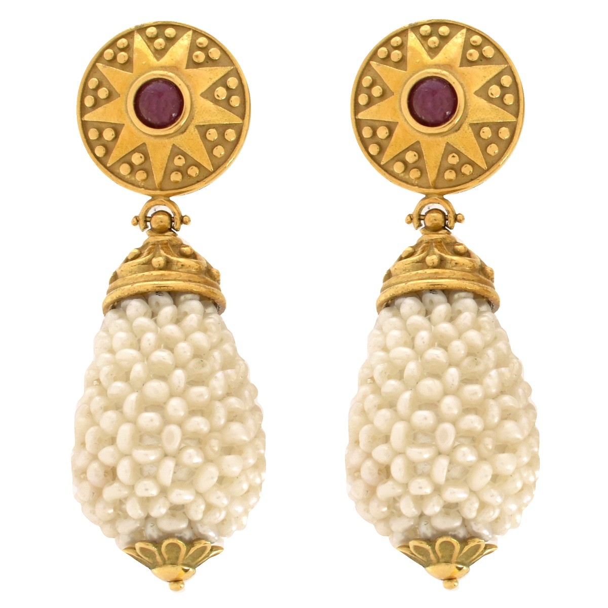 Pearl, Ruby and 18K Earrings