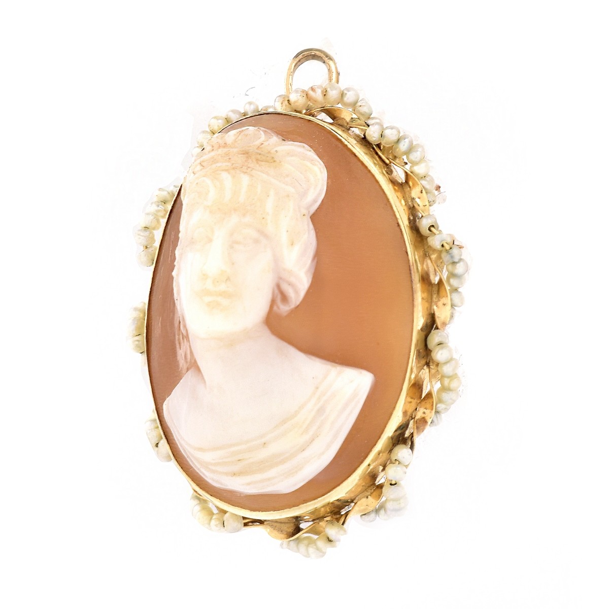 14K Gold and Seed Pearl Cameo Pendant Brooch