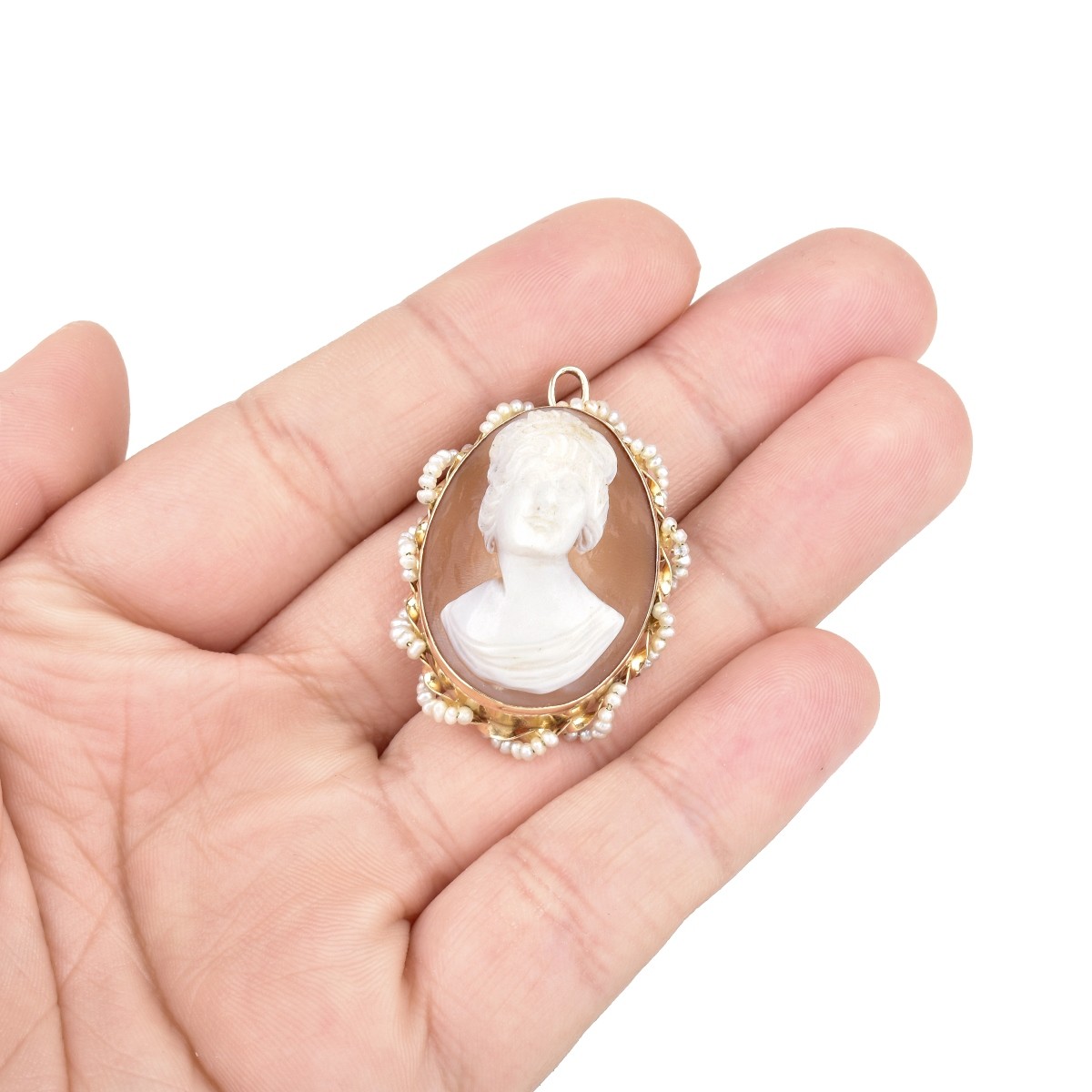 14K Gold and Seed Pearl Cameo Pendant Brooch