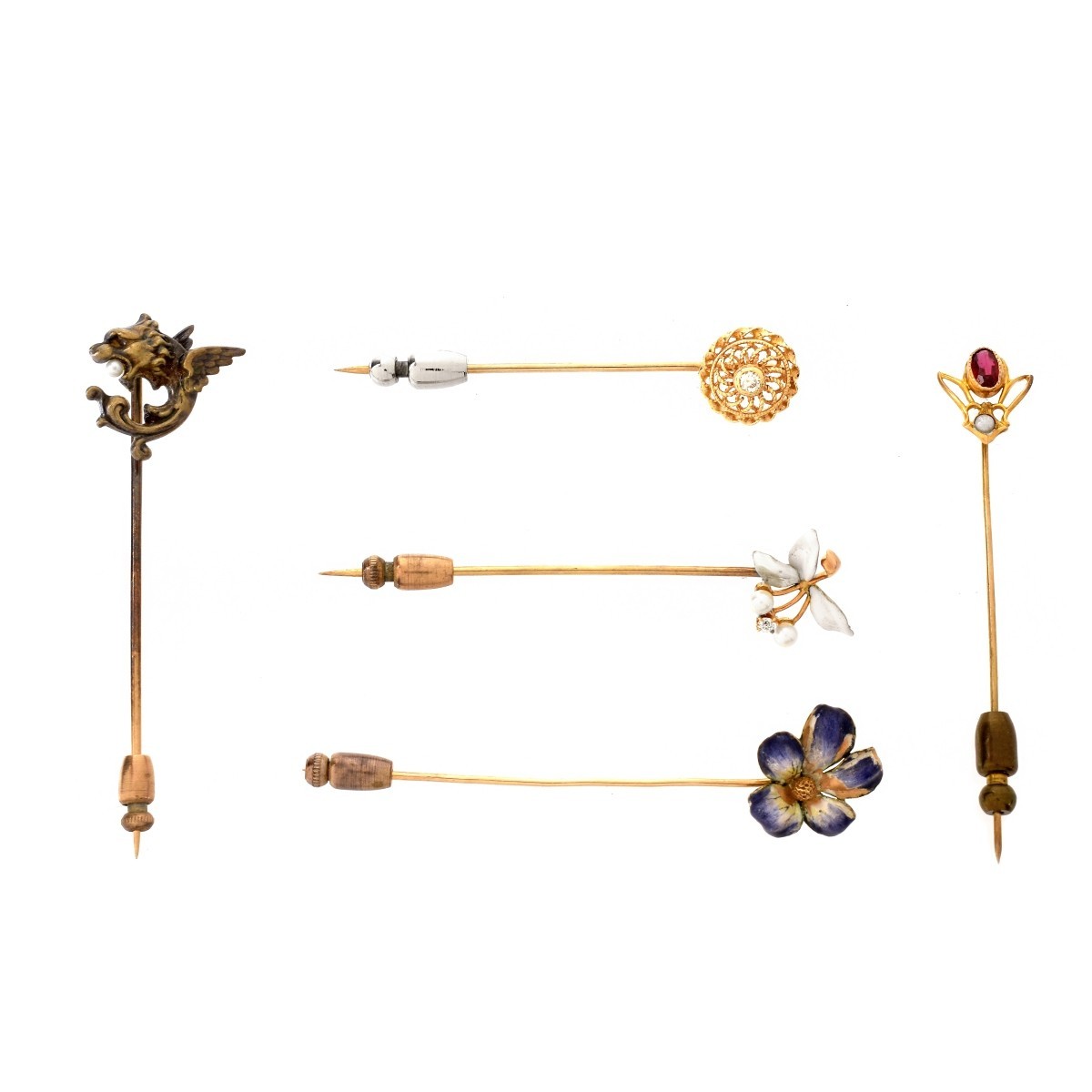 Five Vintage Gold and Gold Filled Stickpins