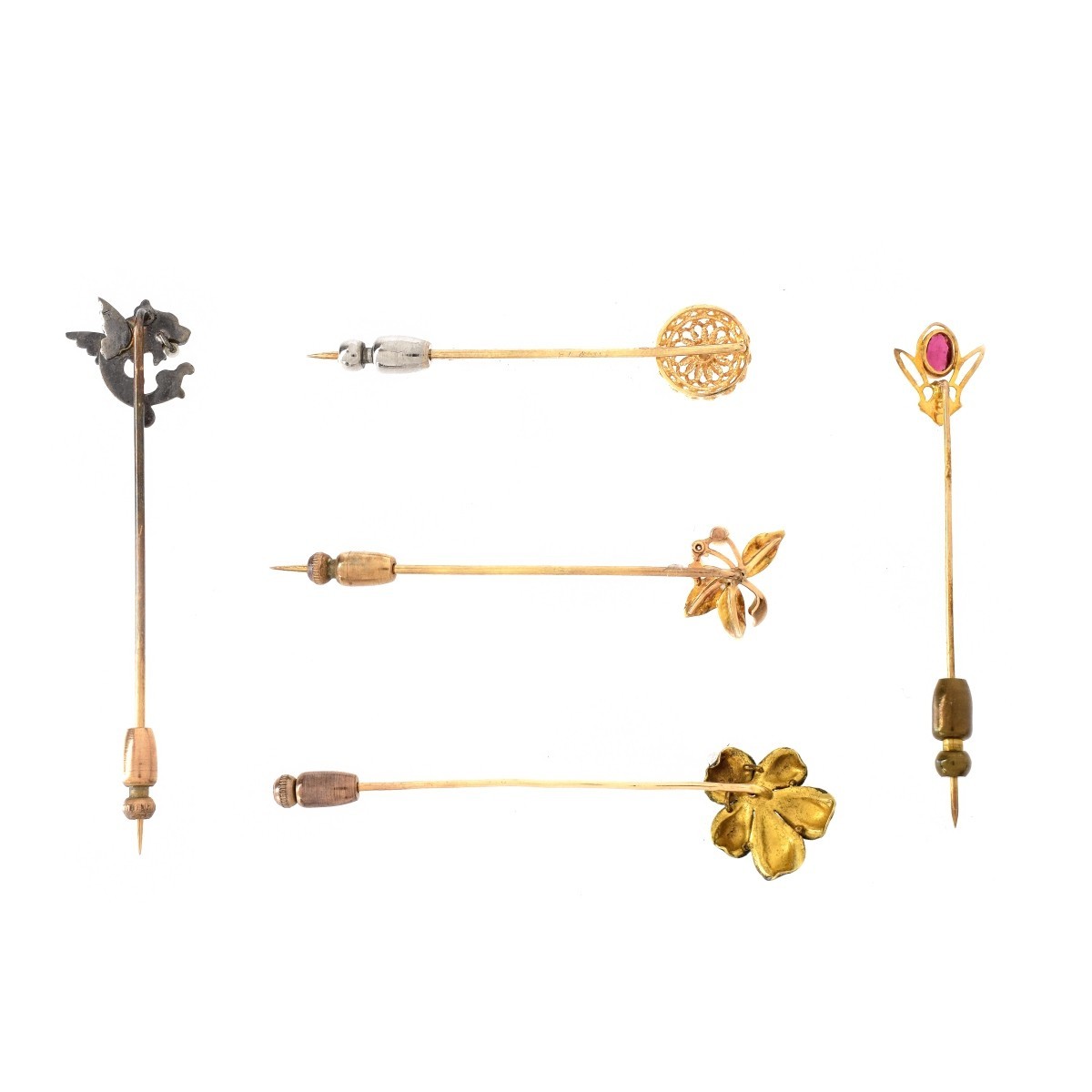 Five Vintage Gold and Gold Filled Stickpins