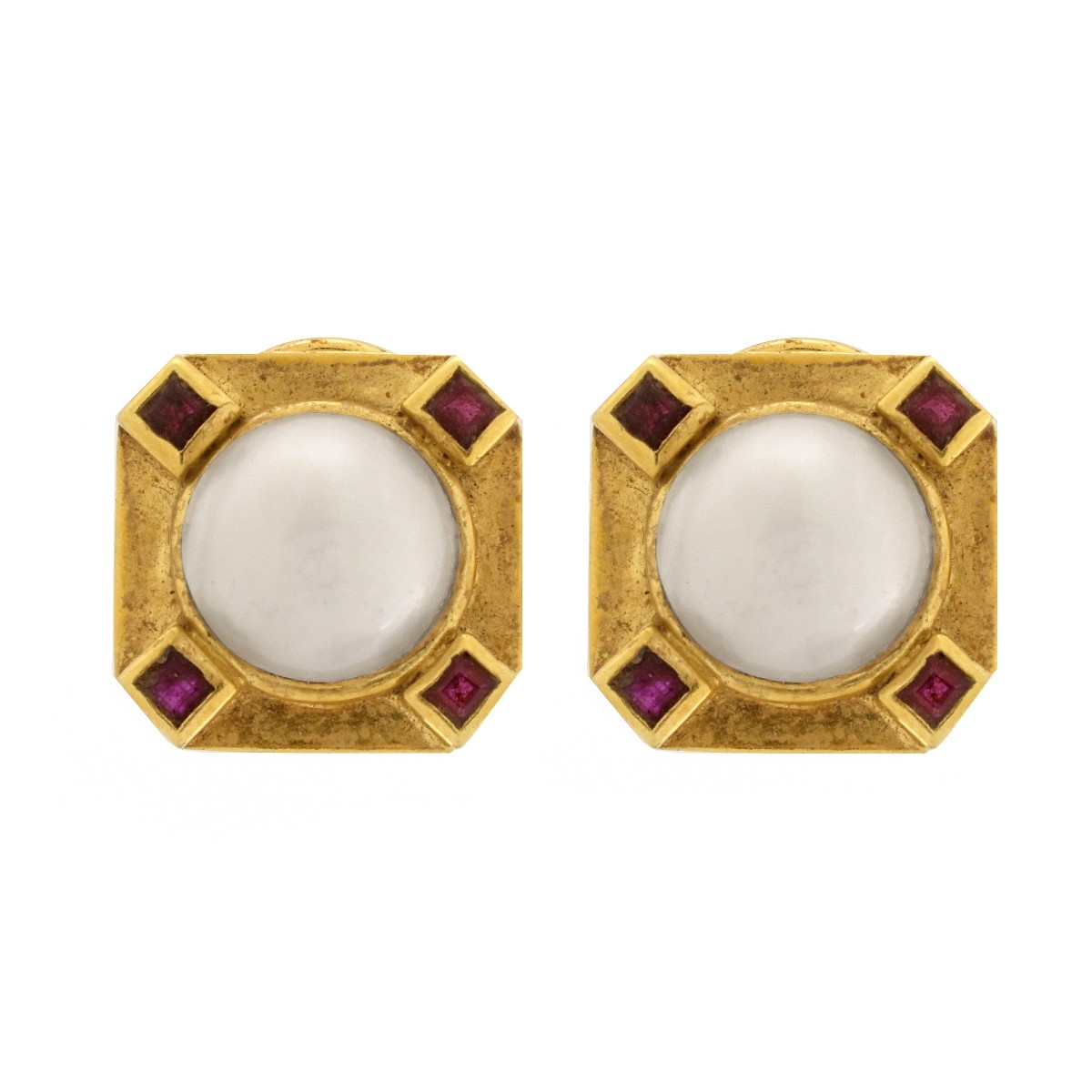 Pearl, Ruby and 18K Earrings