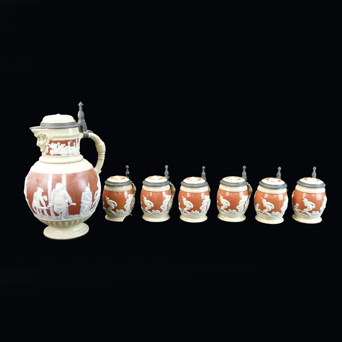 Seven (7) Pc Mettlach Beer Pitcher and Steins