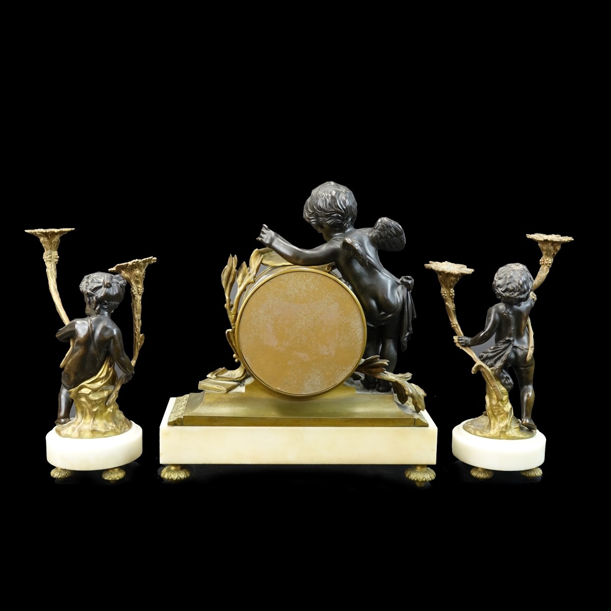 Three Piece Cupid Ormolu Clock Set