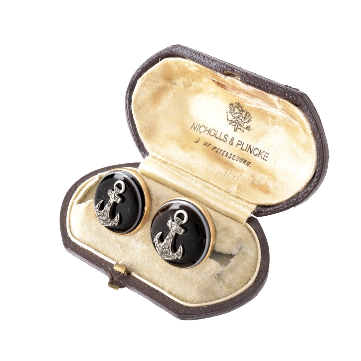 Antique Russian Diamond, Agate and 14K Cufflinks