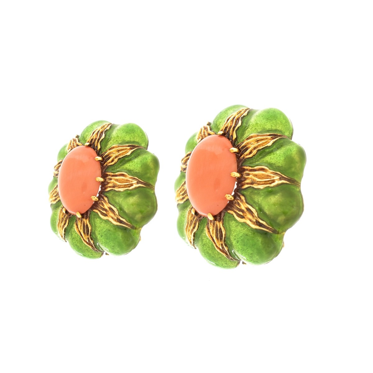 Coral, Enamel and 18K Earrings