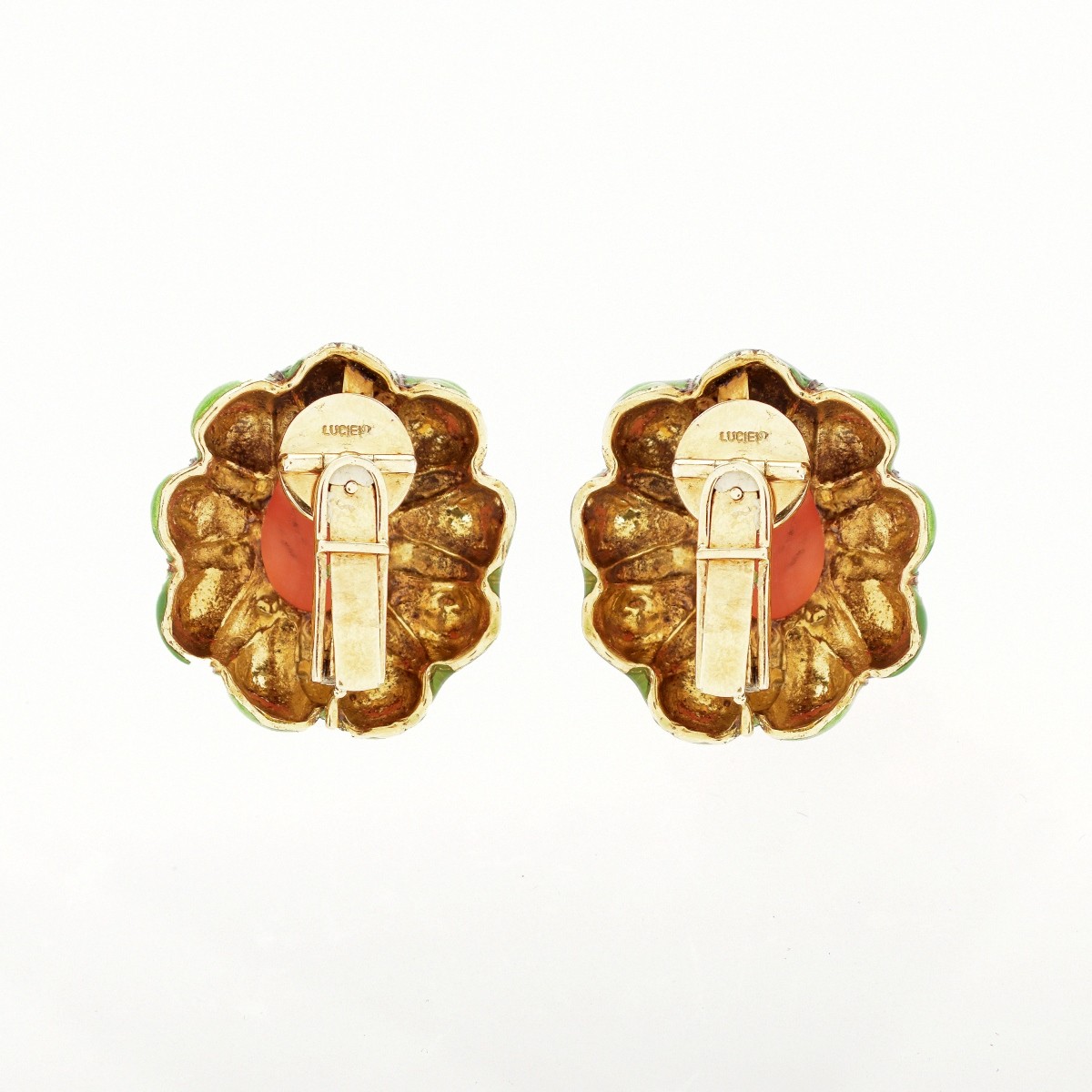 Coral, Enamel and 18K Earrings