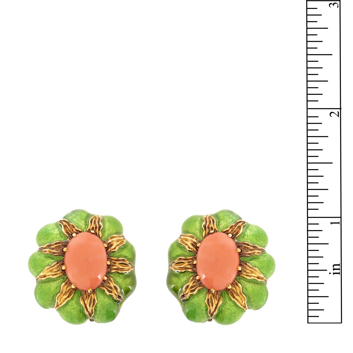 Coral, Enamel and 18K Earrings