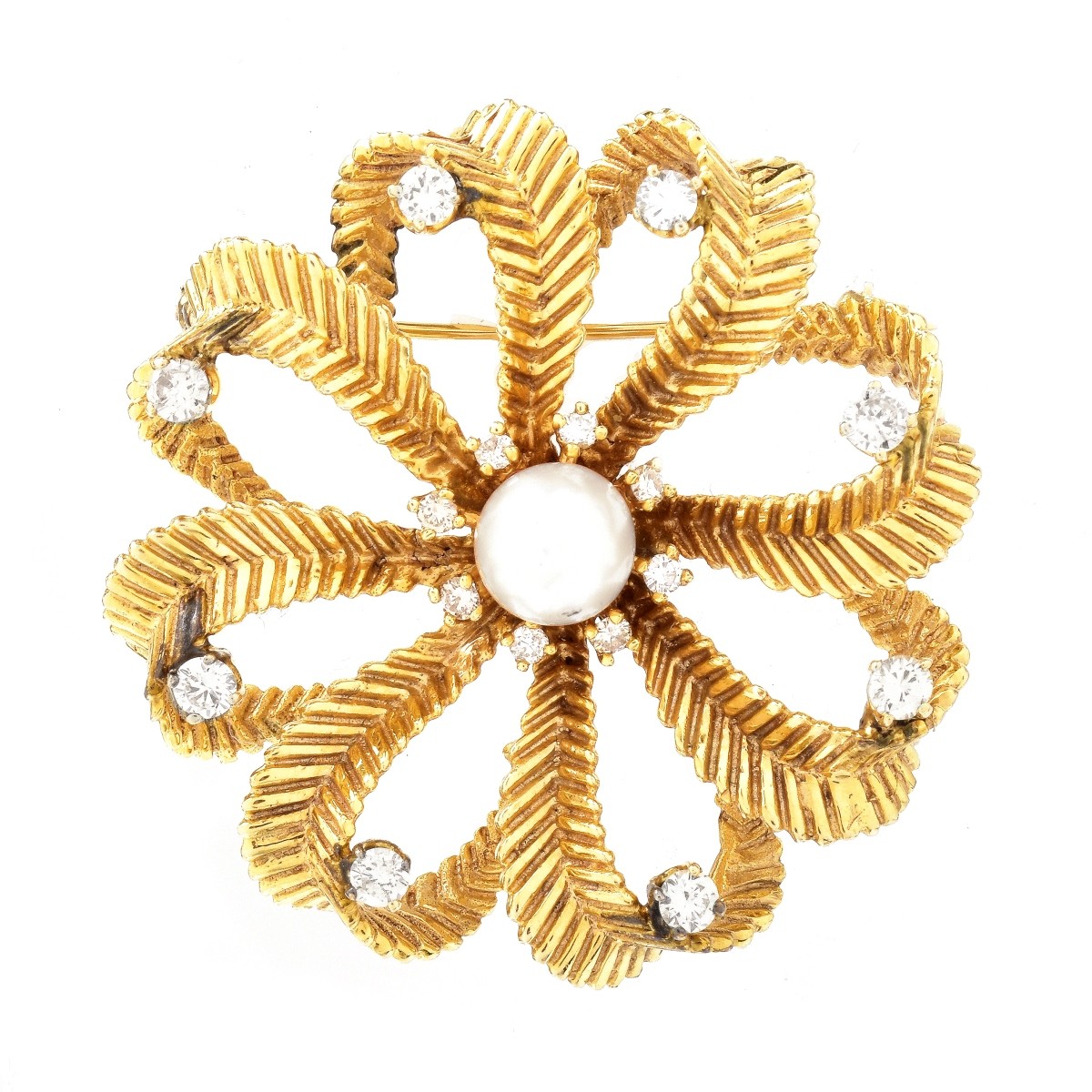 Vintage Diamond, Pearl and 14K Gold Brooch