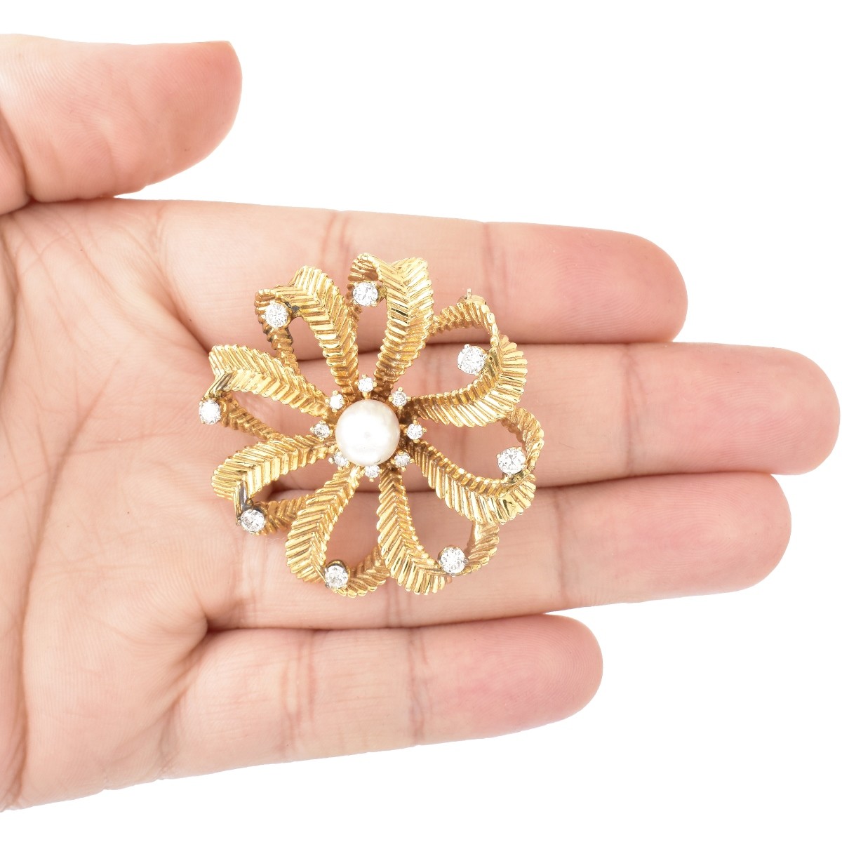 Vintage Diamond, Pearl and 14K Gold Brooch