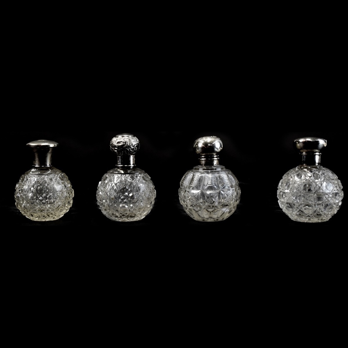 4 English Cut Crystal & Sterling Perfume Bottles