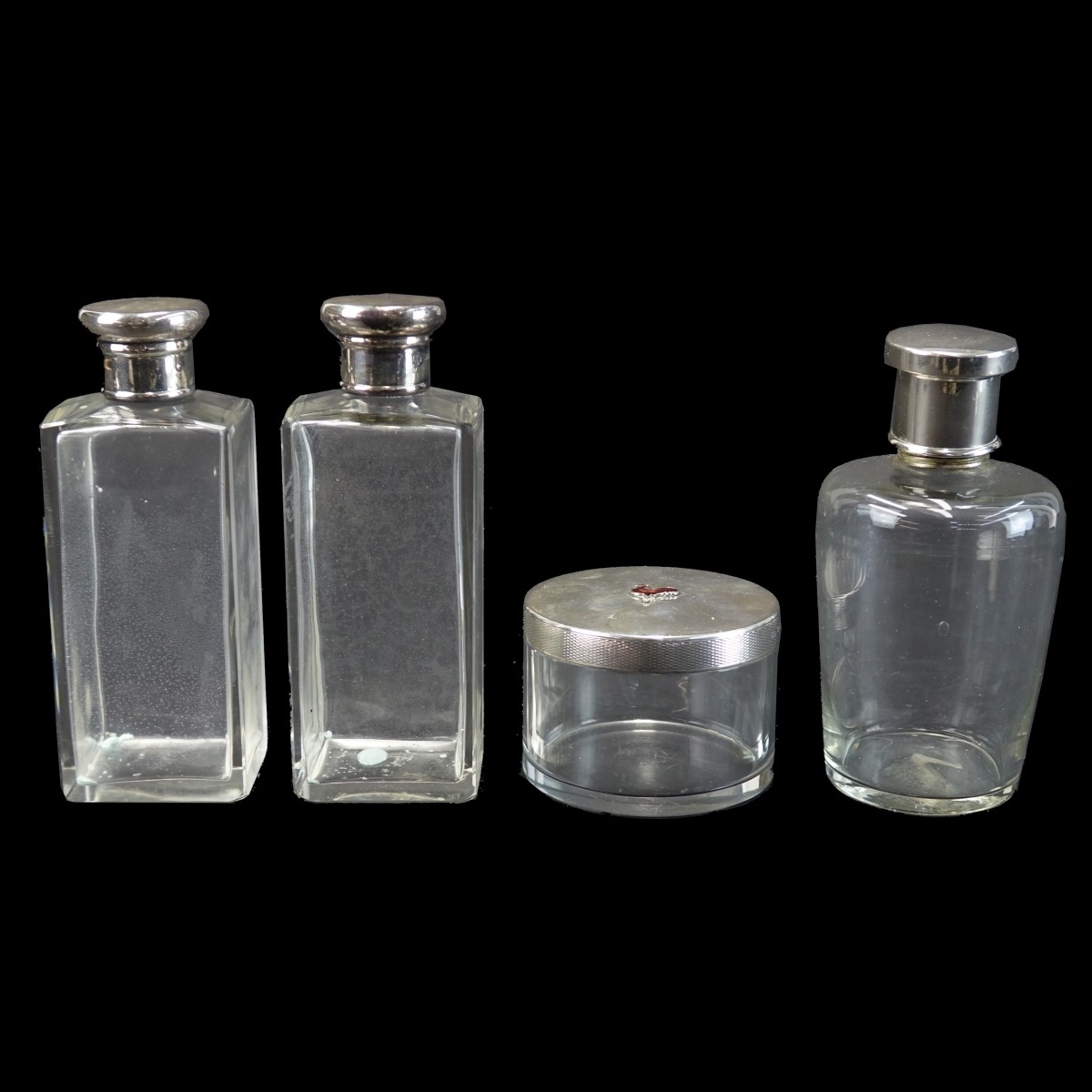4 English Sterling and Glass Vanity Bottles