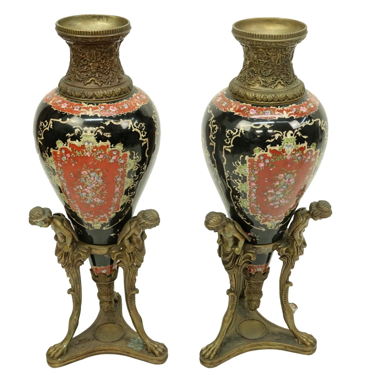 Pair of 20th Century Bronze and Porcelain Urn