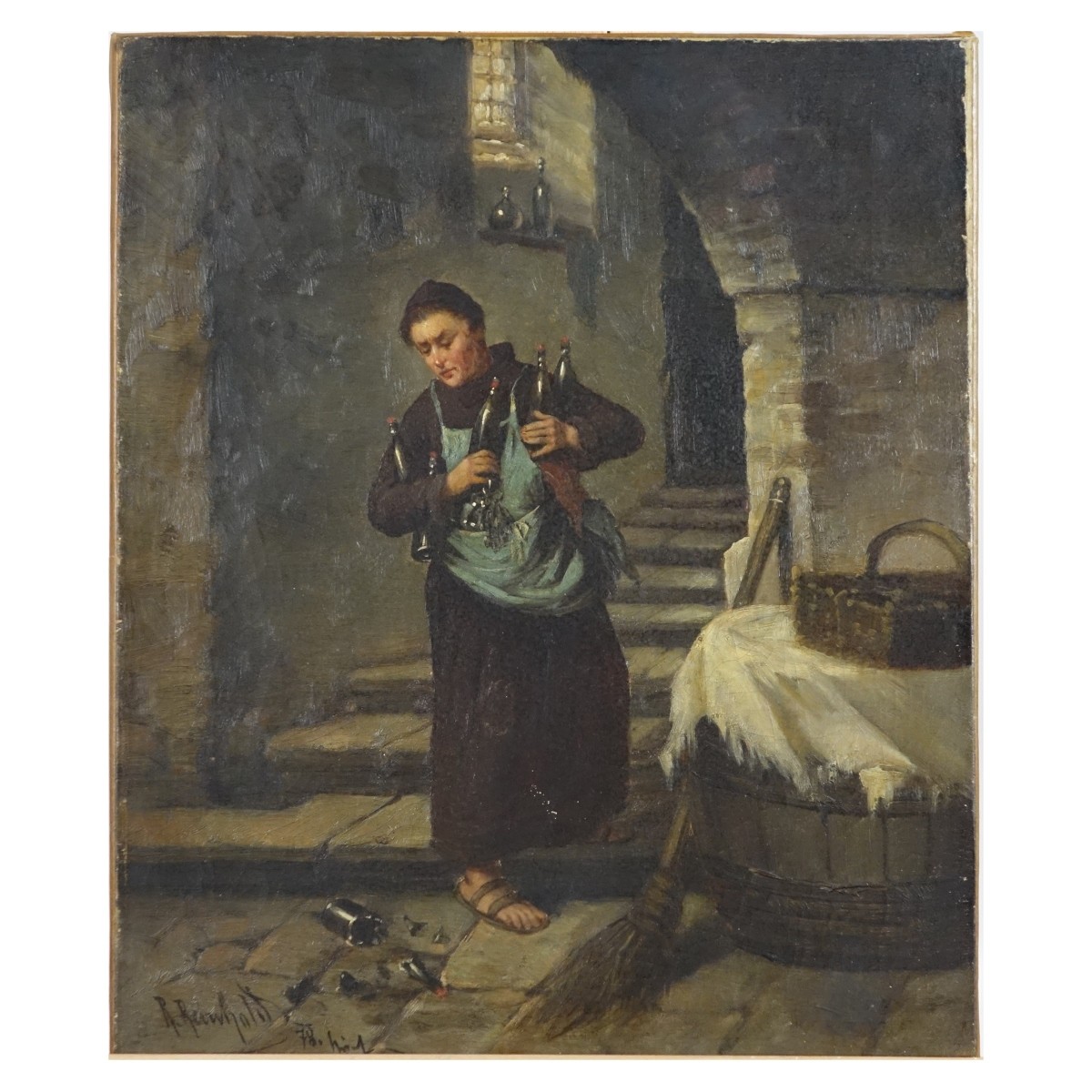 R Reinhold 1878 Oil on Canvas "Wine Monk"