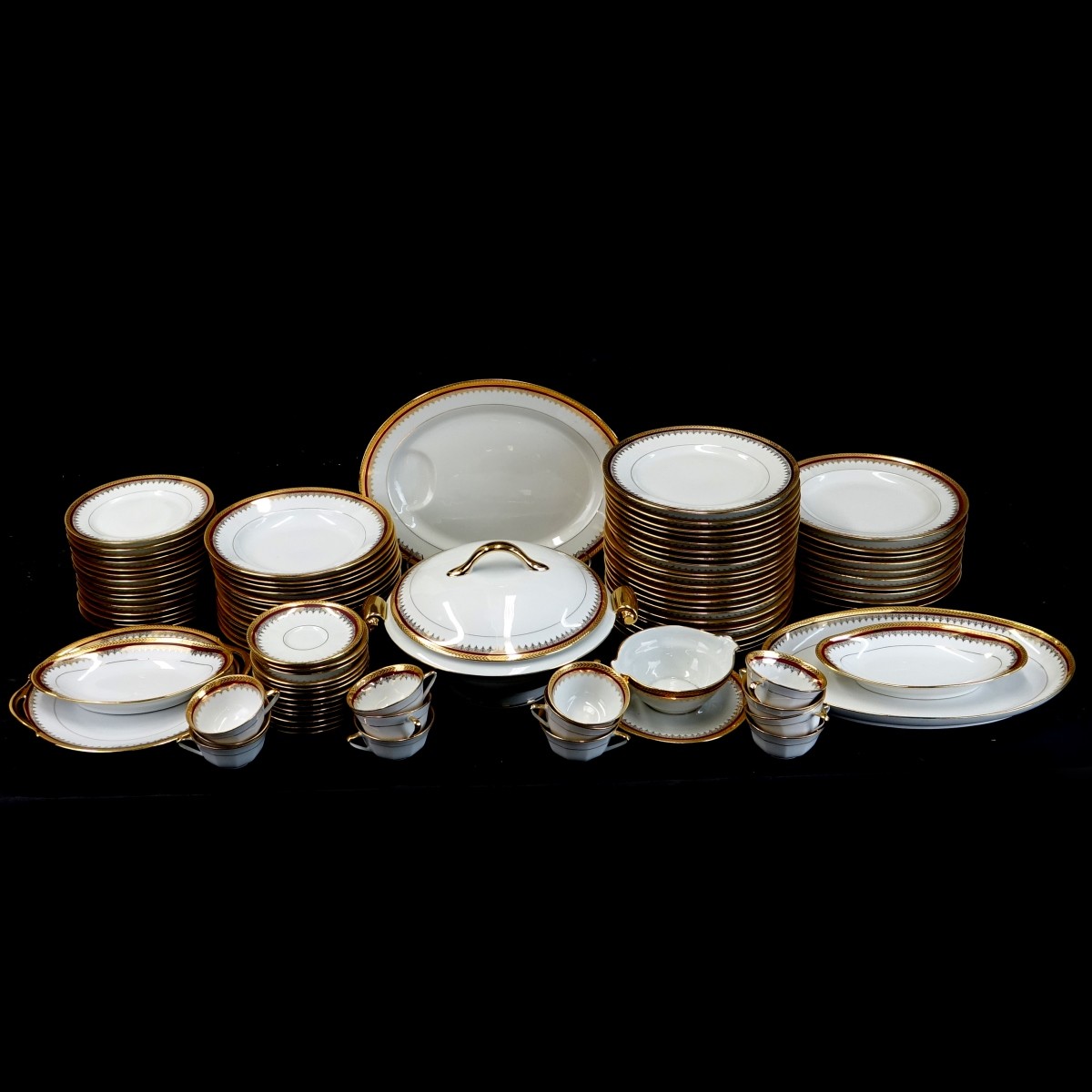 93 pc Limoges France Burgundy and Gold China Set