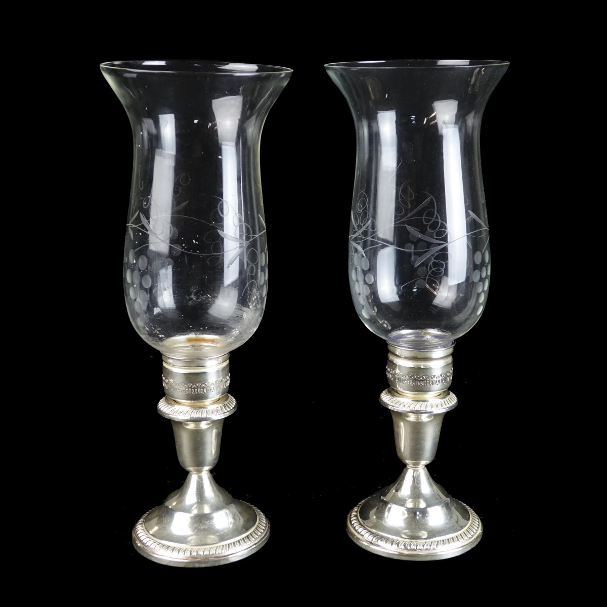 Pair Hunt Sterling Hurricane Lamps