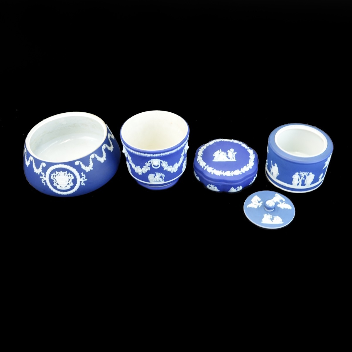 4 Antique Blue Jasperware Table Items