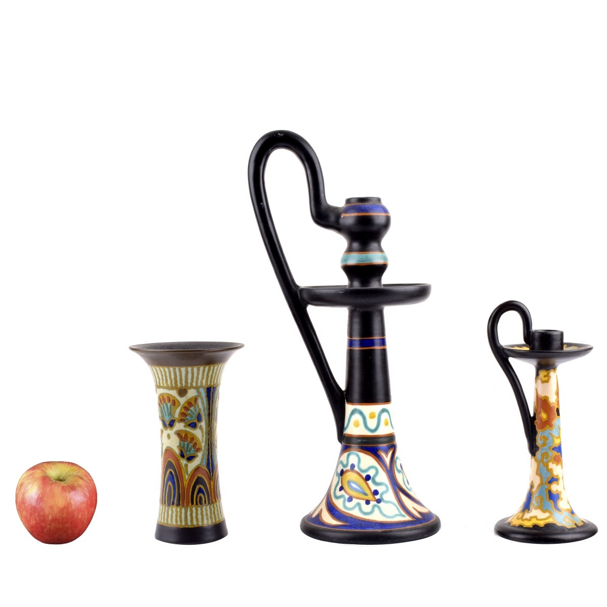 Three pcs Gouda Pottery Candlesticks and Vase