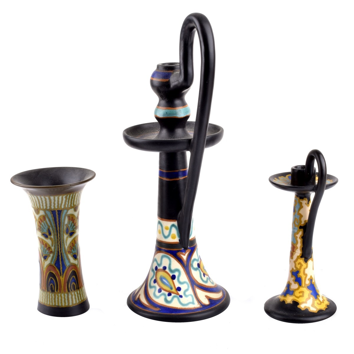 Three pcs Gouda Pottery Candlesticks and Vase