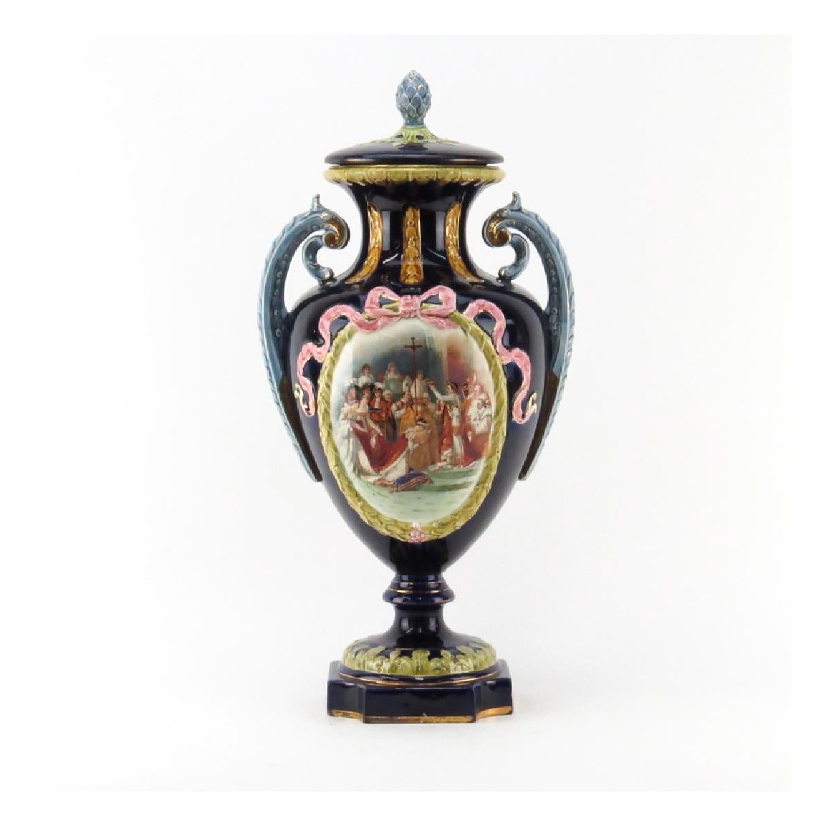 Antique Majolica Covered Urn