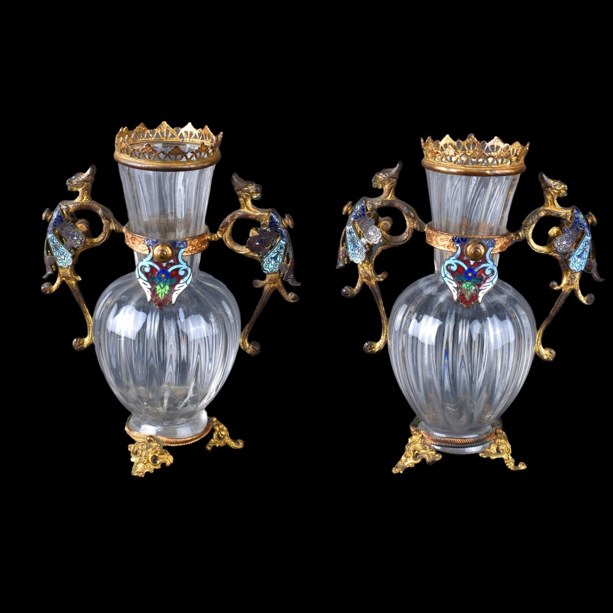 Pr Bronze Mounted Crystal Vases