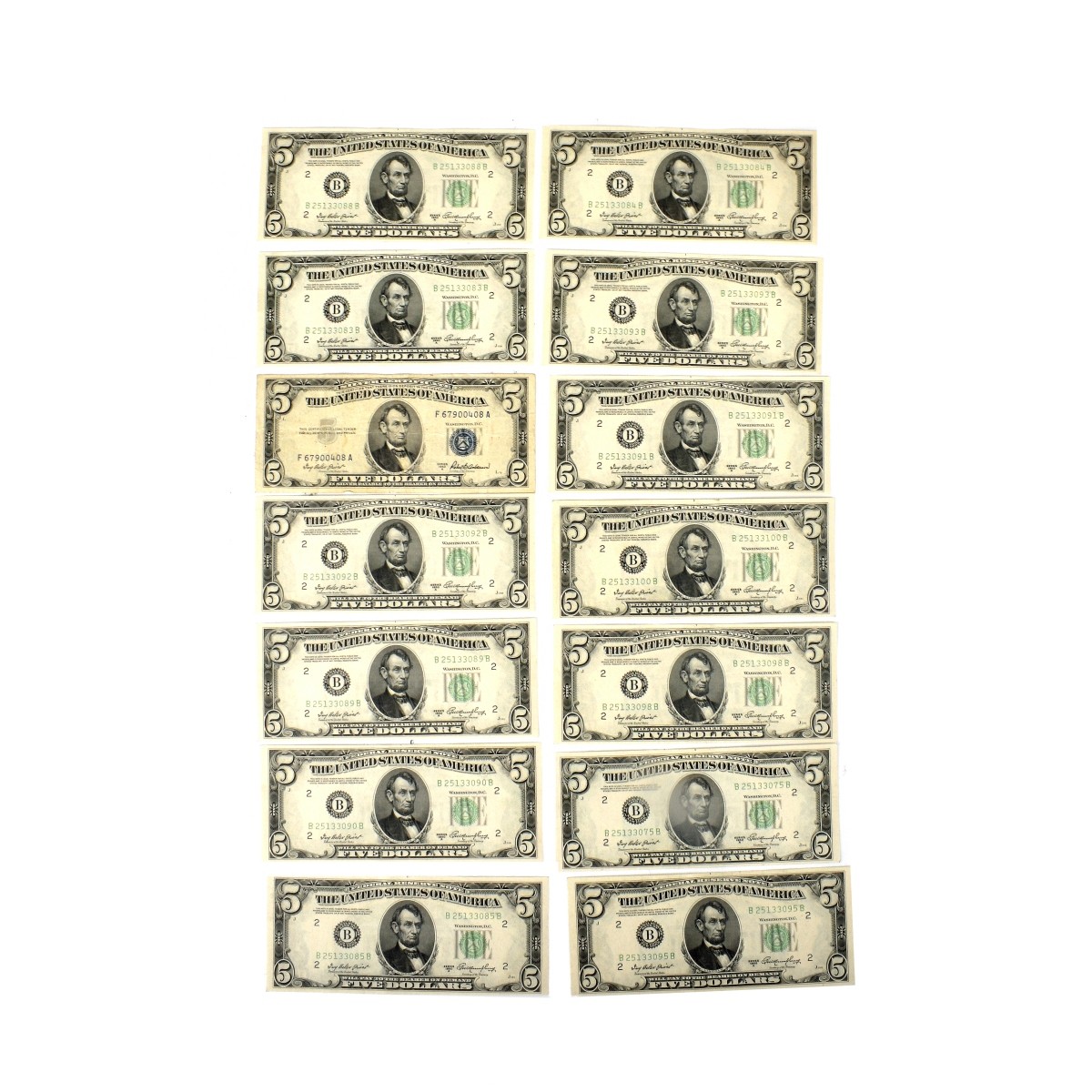 (14) US $5.00 Paper Currency