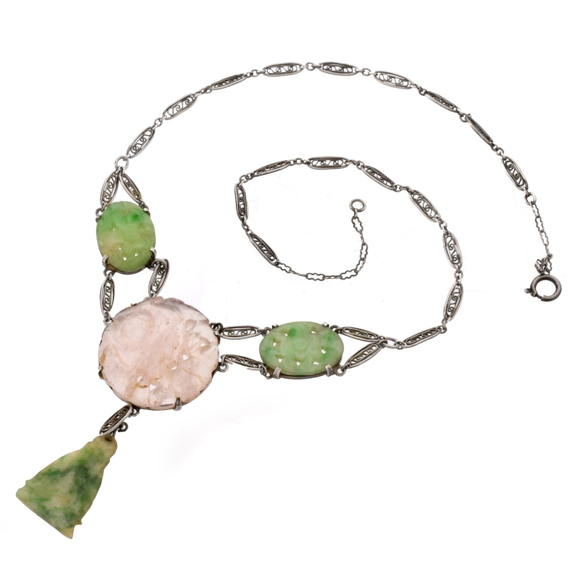 Chinese Jade, Rose Quartz and Silver Necklace