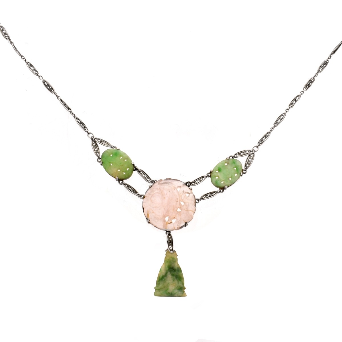 Chinese Jade, Rose Quartz and Silver Necklace