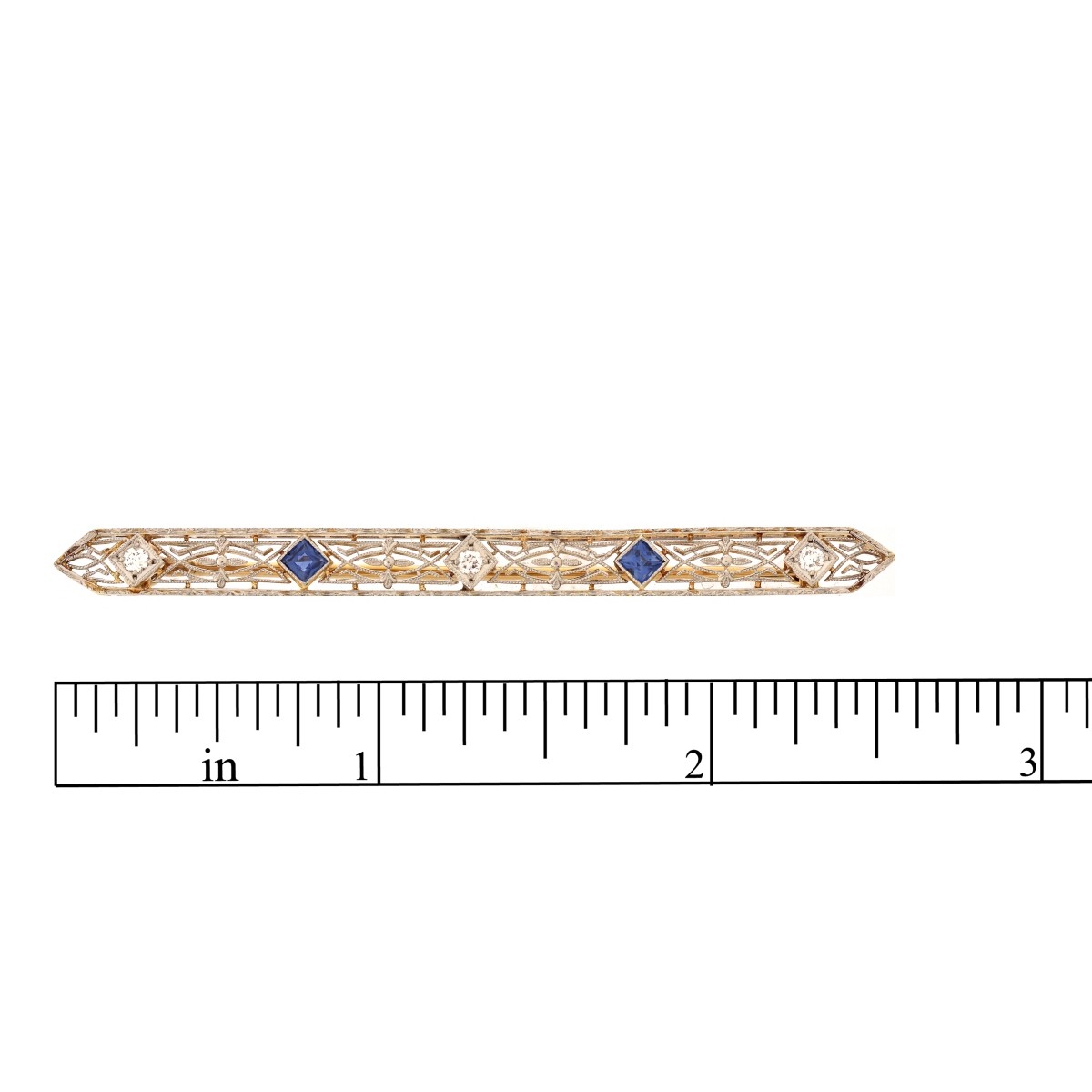 Art Deco Diamond, Sapphire, 14K Bar Pin