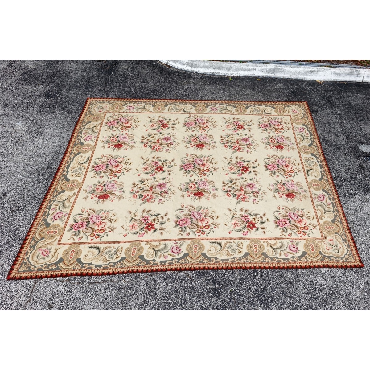 Antique Needlepoint Rug Floral Motif