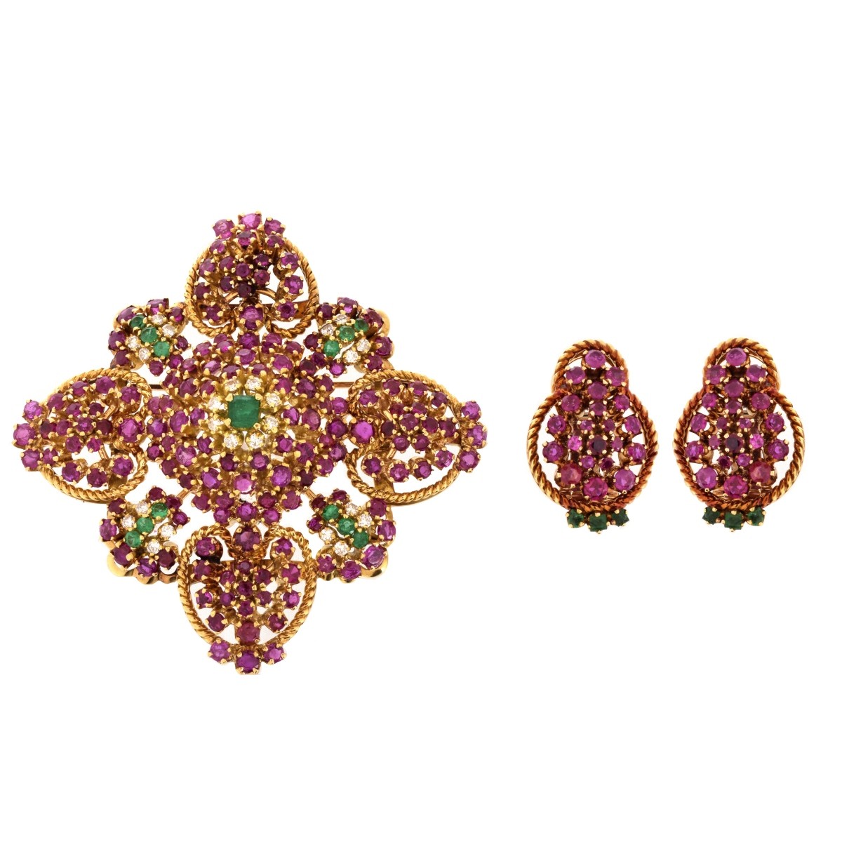 Gemstone and 18K Brooch and Earrings