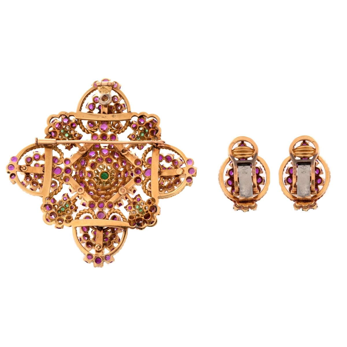 Gemstone and 18K Brooch and Earrings