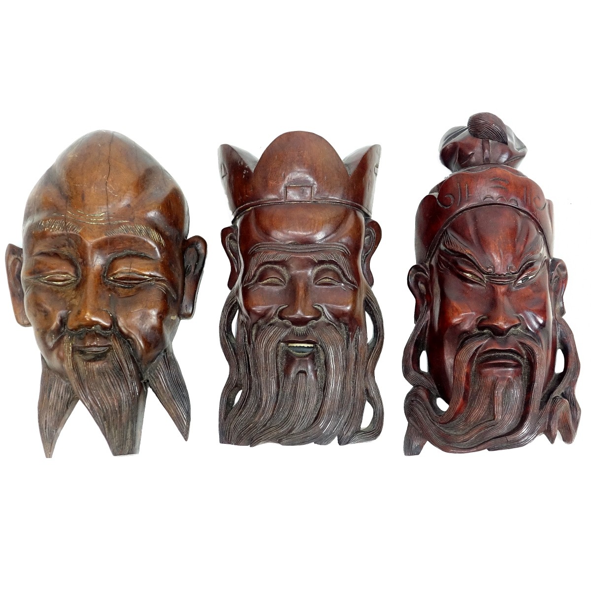 Three (3) Chinese Hand Carved Wooden Masks