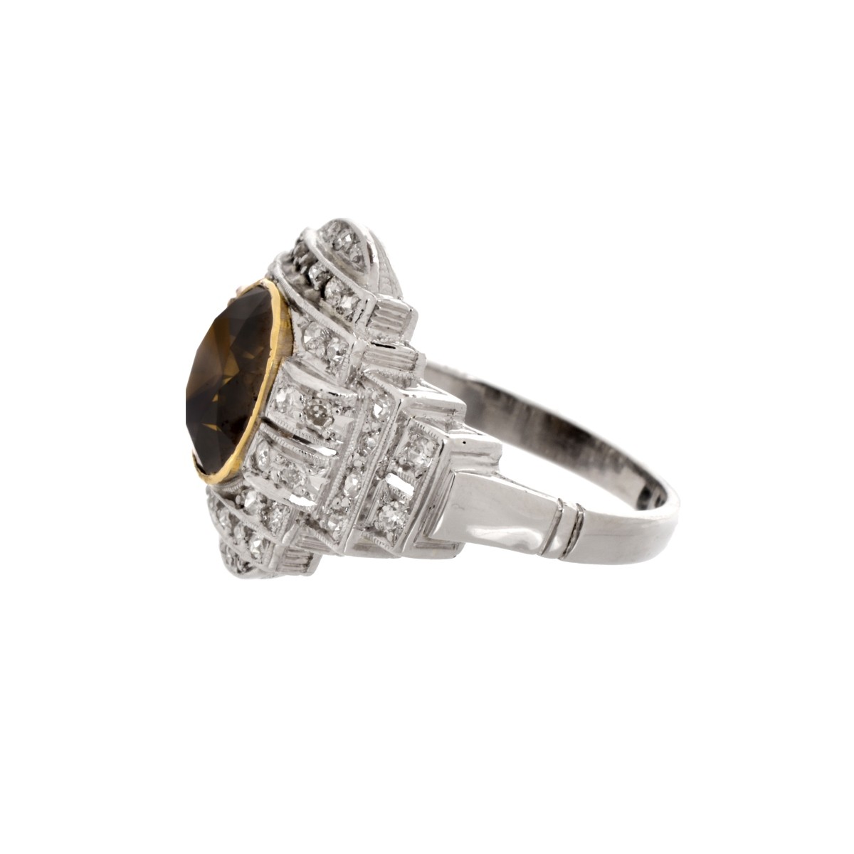 GIA Art Deco Fancy Diamond and Platinum Ring