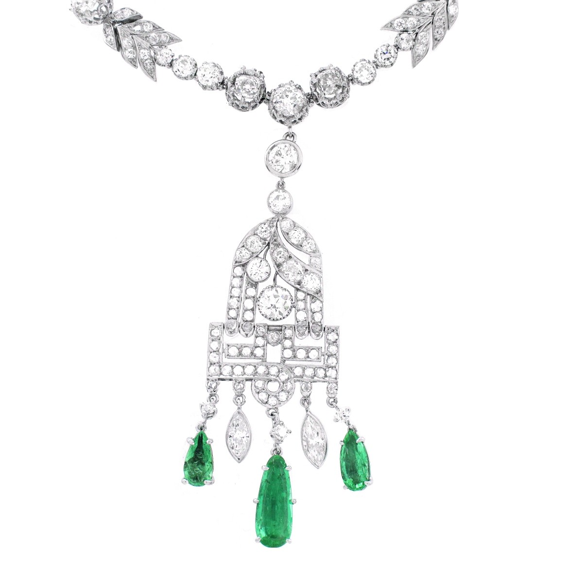 Art Deco Diamond, Emerald and Platinum Necklace