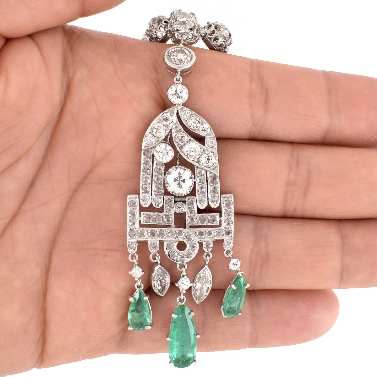 Art Deco Diamond, Emerald and Platinum Necklace