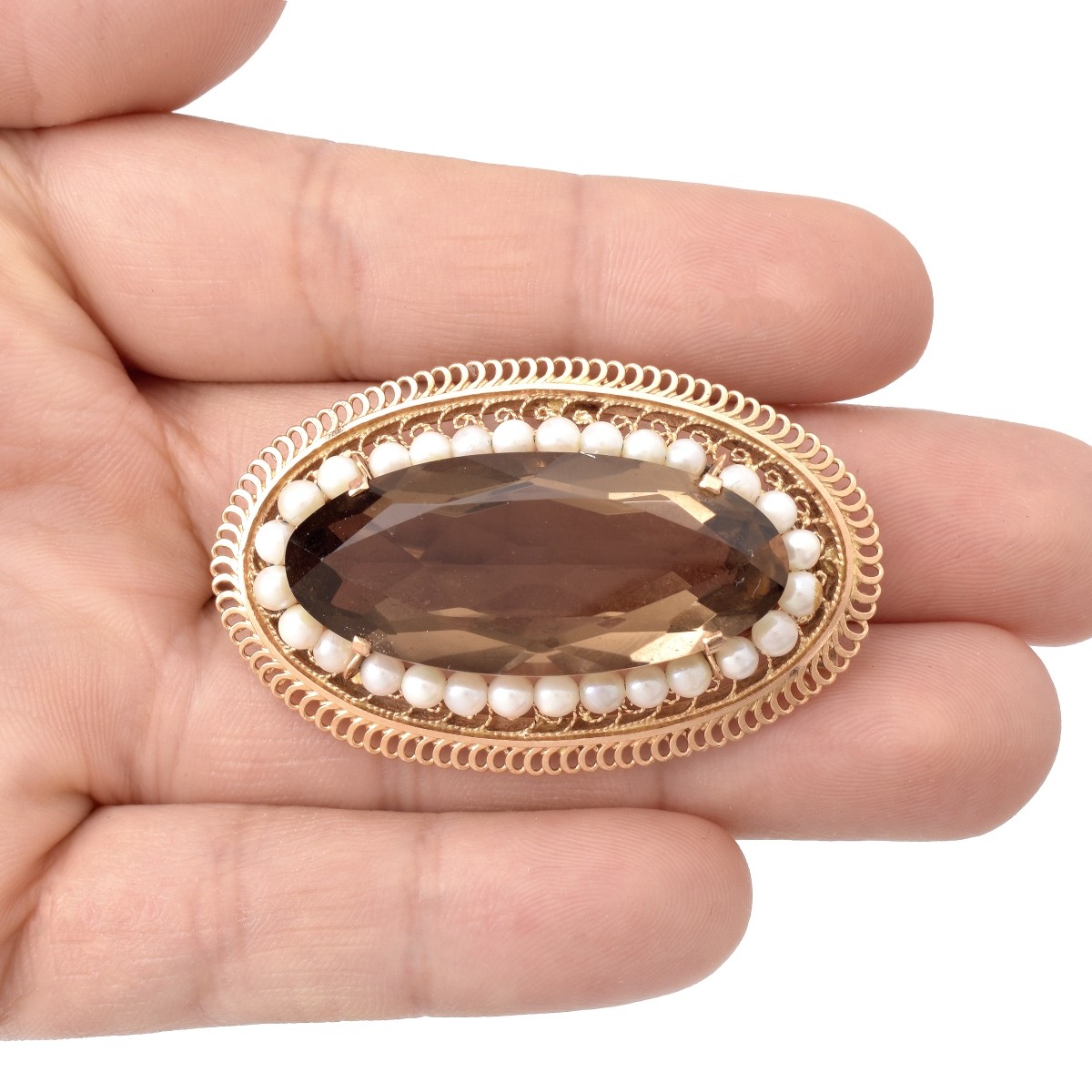 Antique Quartz, Pearl and 14K Brooch