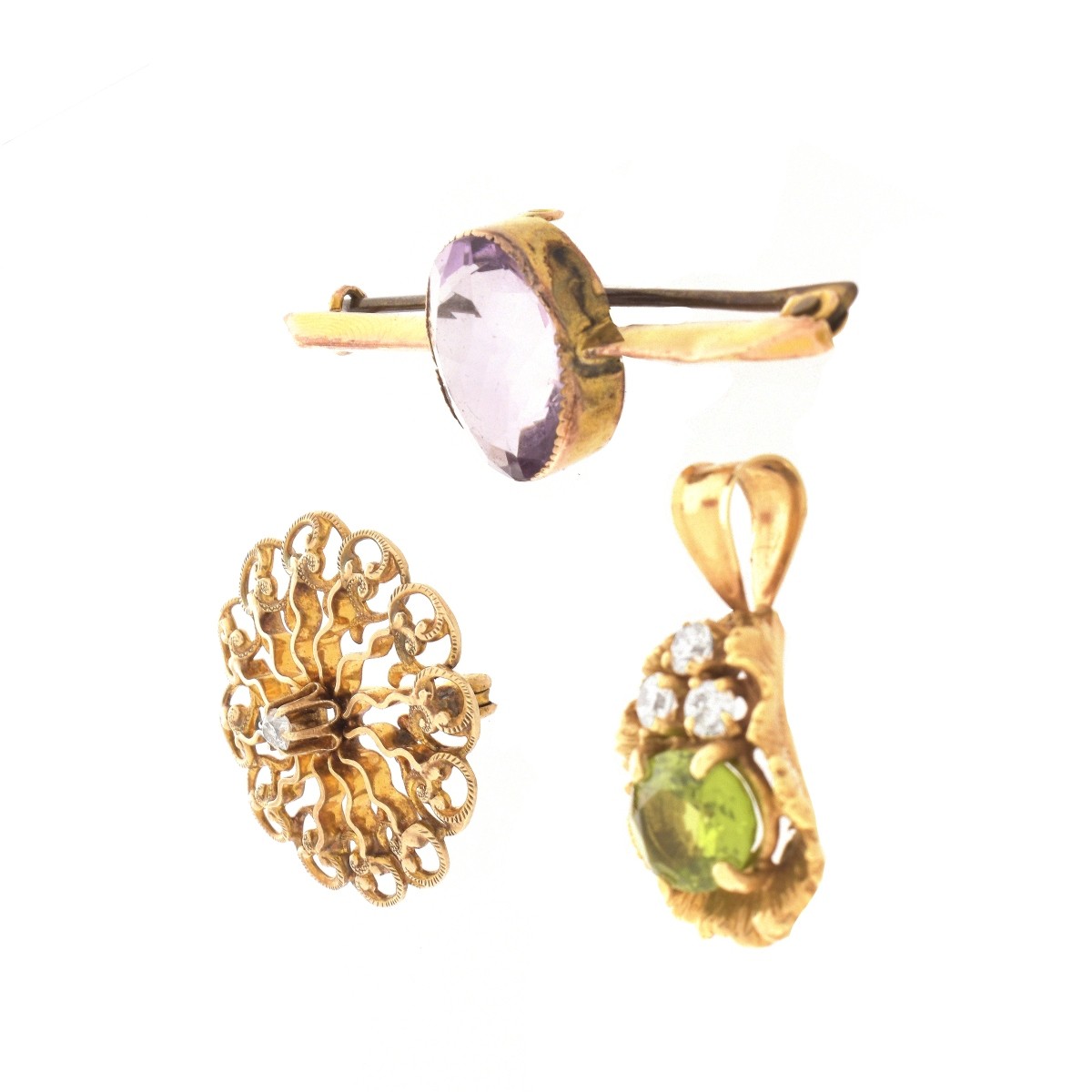 Two Gold and Gemstone Pins, One Pendant