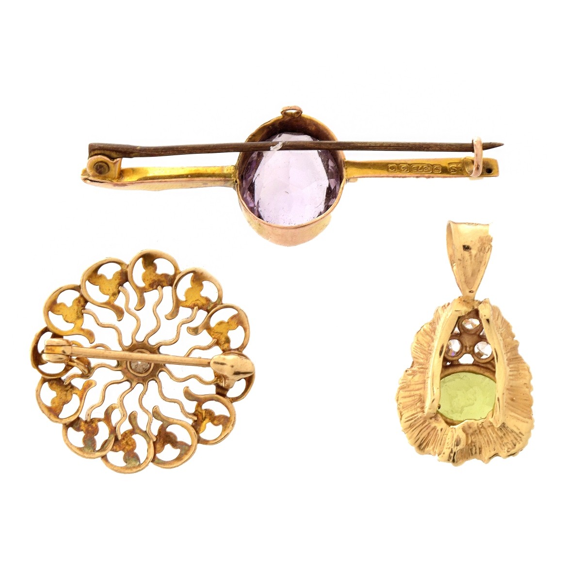 Two Gold and Gemstone Pins, One Pendant