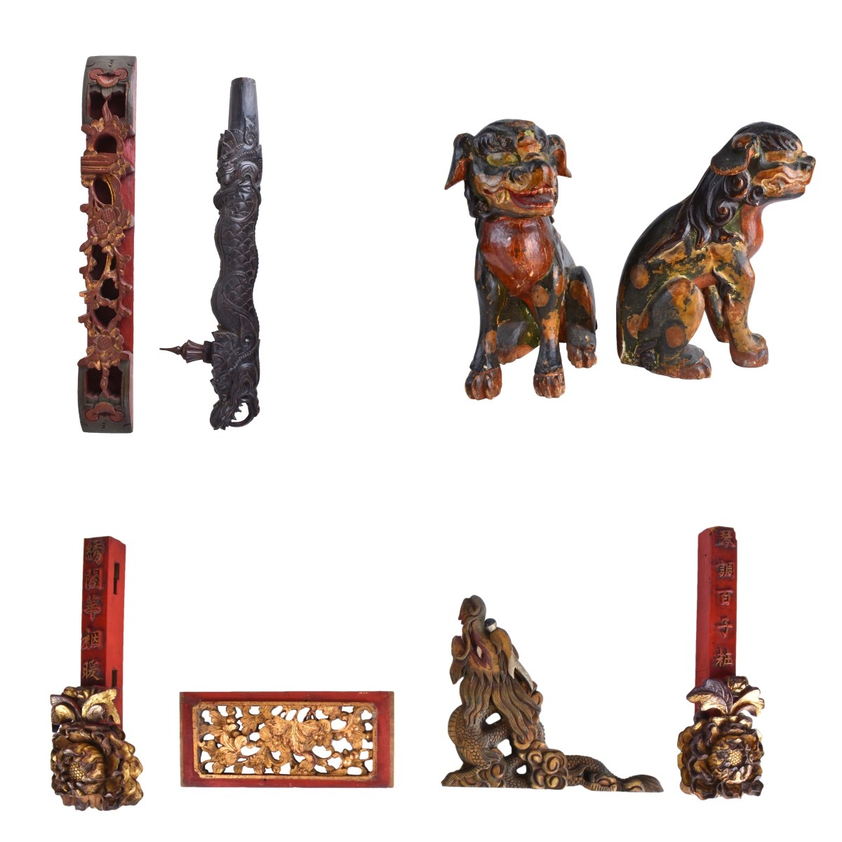 Eight (8) Chinese Hand Painted Wood Carvings