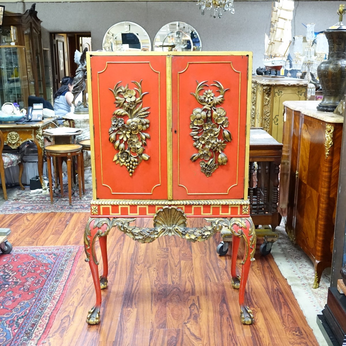Mid 20th C. Red lacquer and Gilt Painted Cabinet