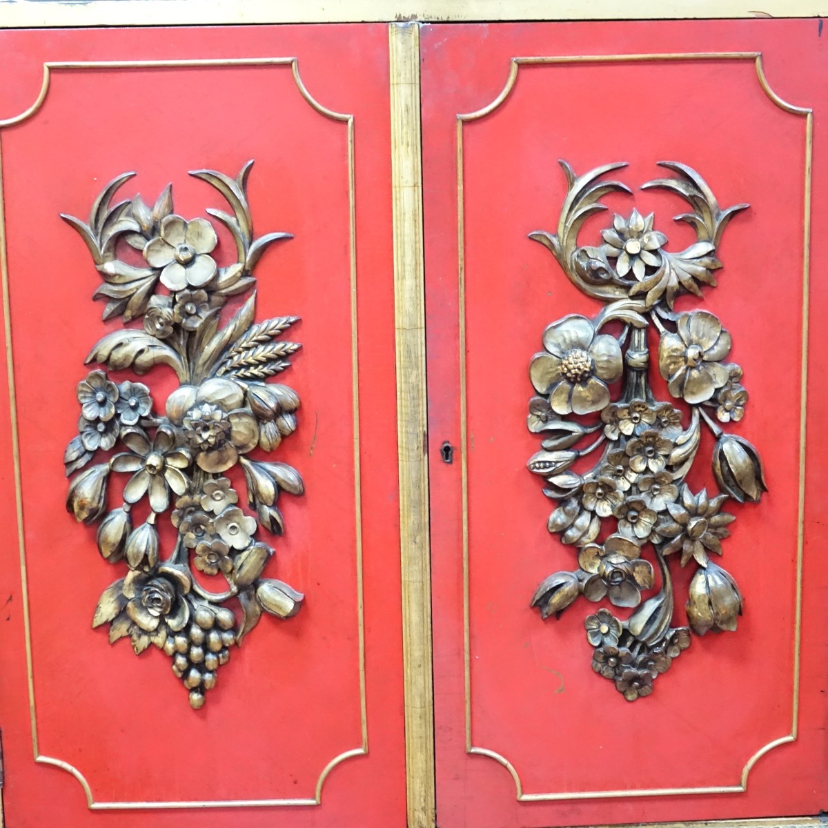 Mid 20th C. Red lacquer and Gilt Painted Cabinet