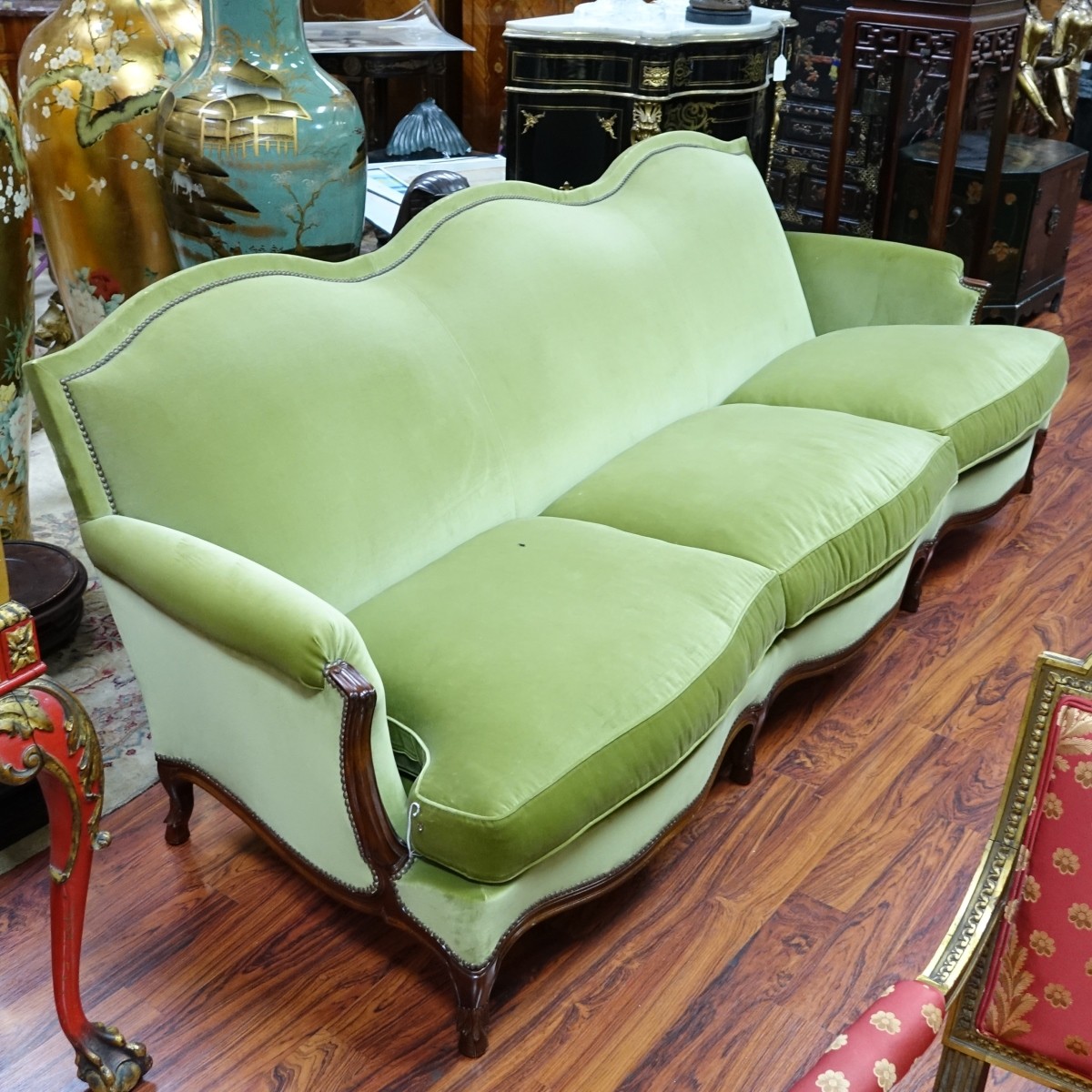 French Style Carved Wood and Upholstered Sofa