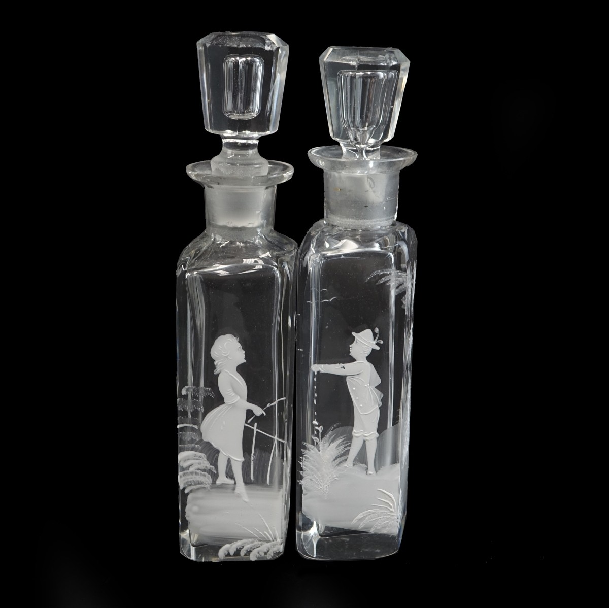 Pair of Mary Gregory Glass Bottles