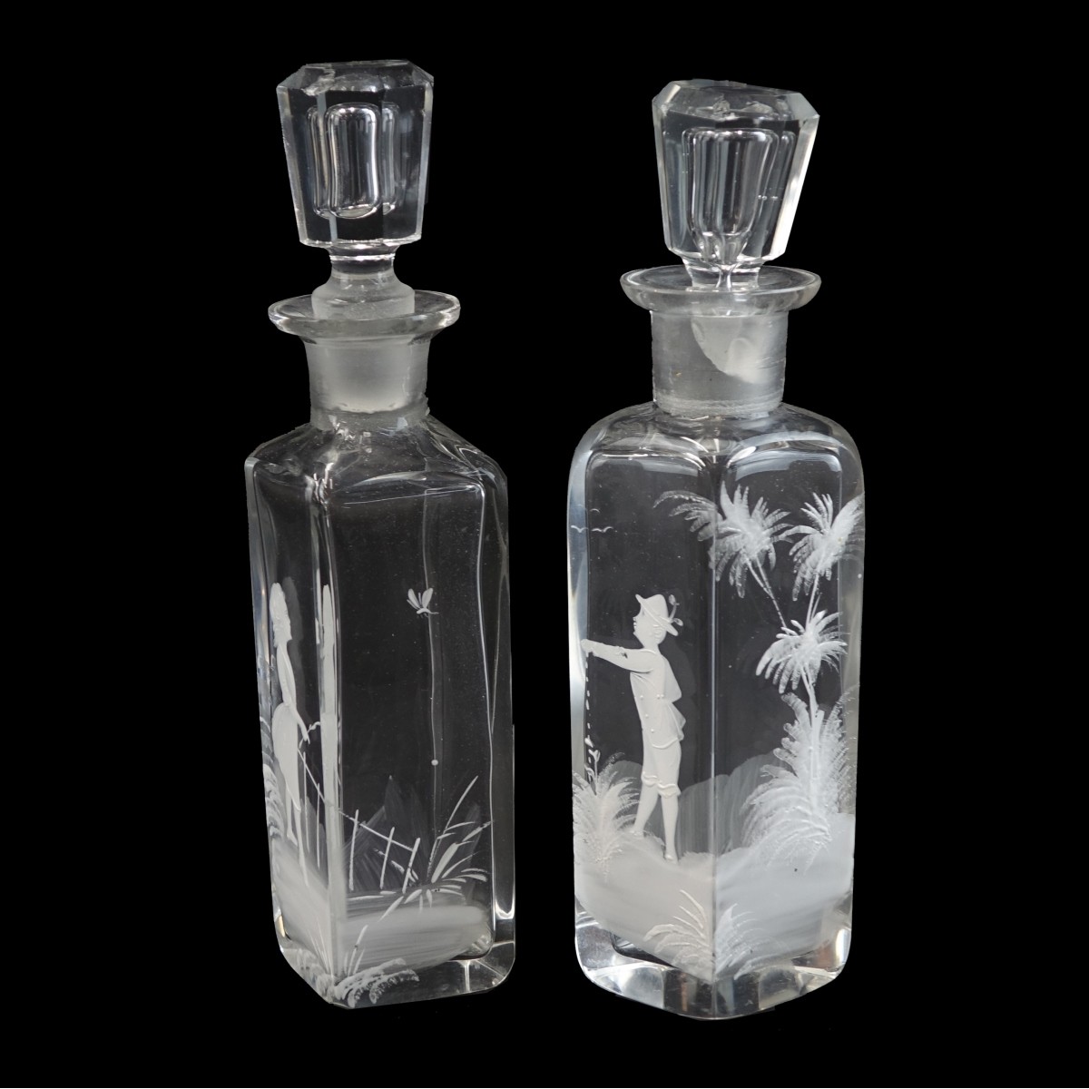 Pair of Mary Gregory Glass Bottles