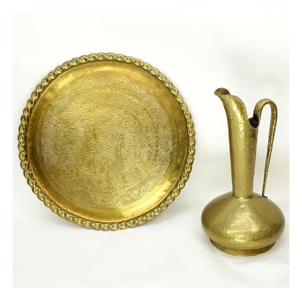 Grouping of a Large Brass Charger and Ewer