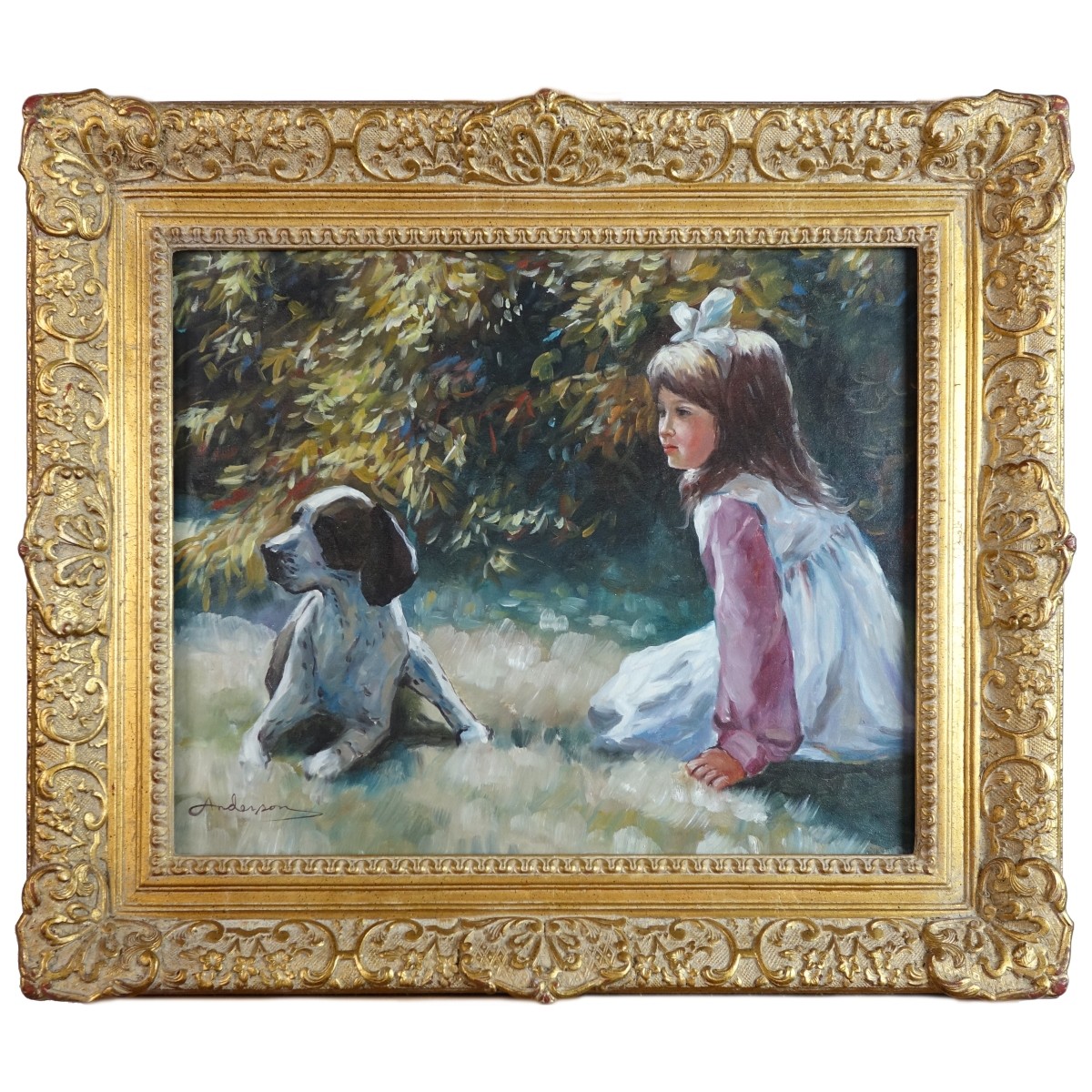 20th C. O/C "Young Girl with Dog"