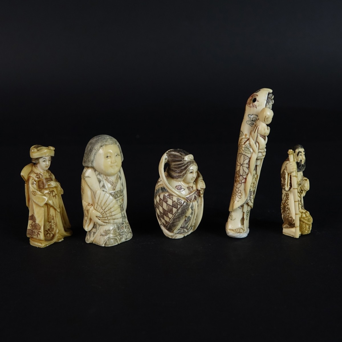 Five (5) Antique Japanese Carved Figurines